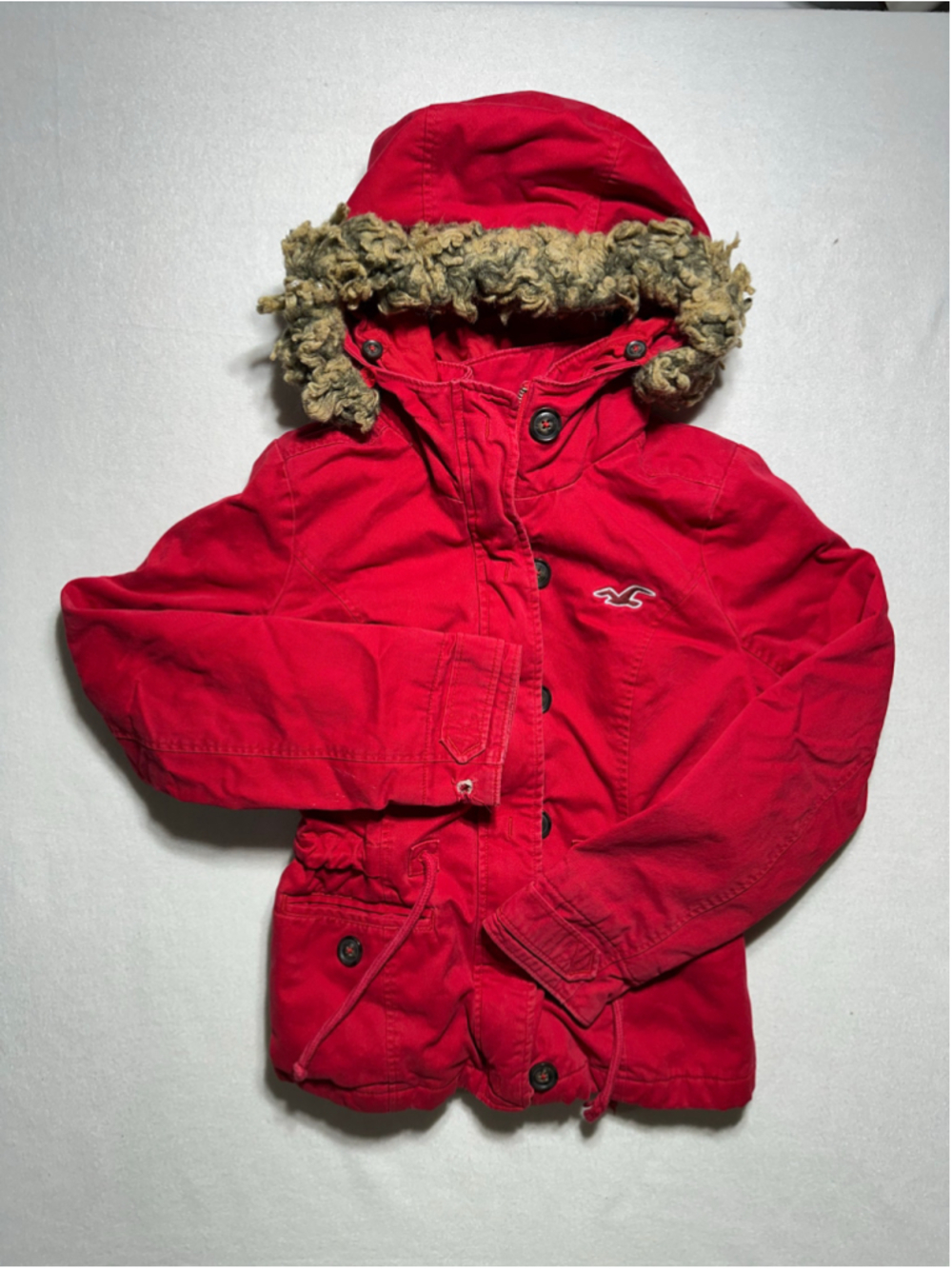 Hollister Women’s Small Red Faux Fur Hooded Parka Jacket Plaid Lined Y2K 0101